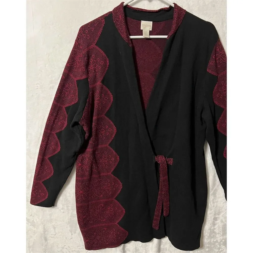 Chico's Women's Cardigan Sweater Size (XL) Black & Red Knit Long Sleeve